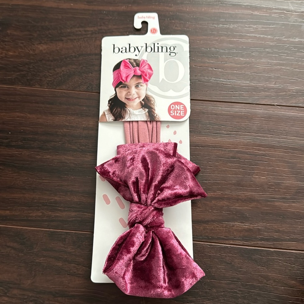Baby bling NWT raspberry mauve velvet bow nylon‎ headband